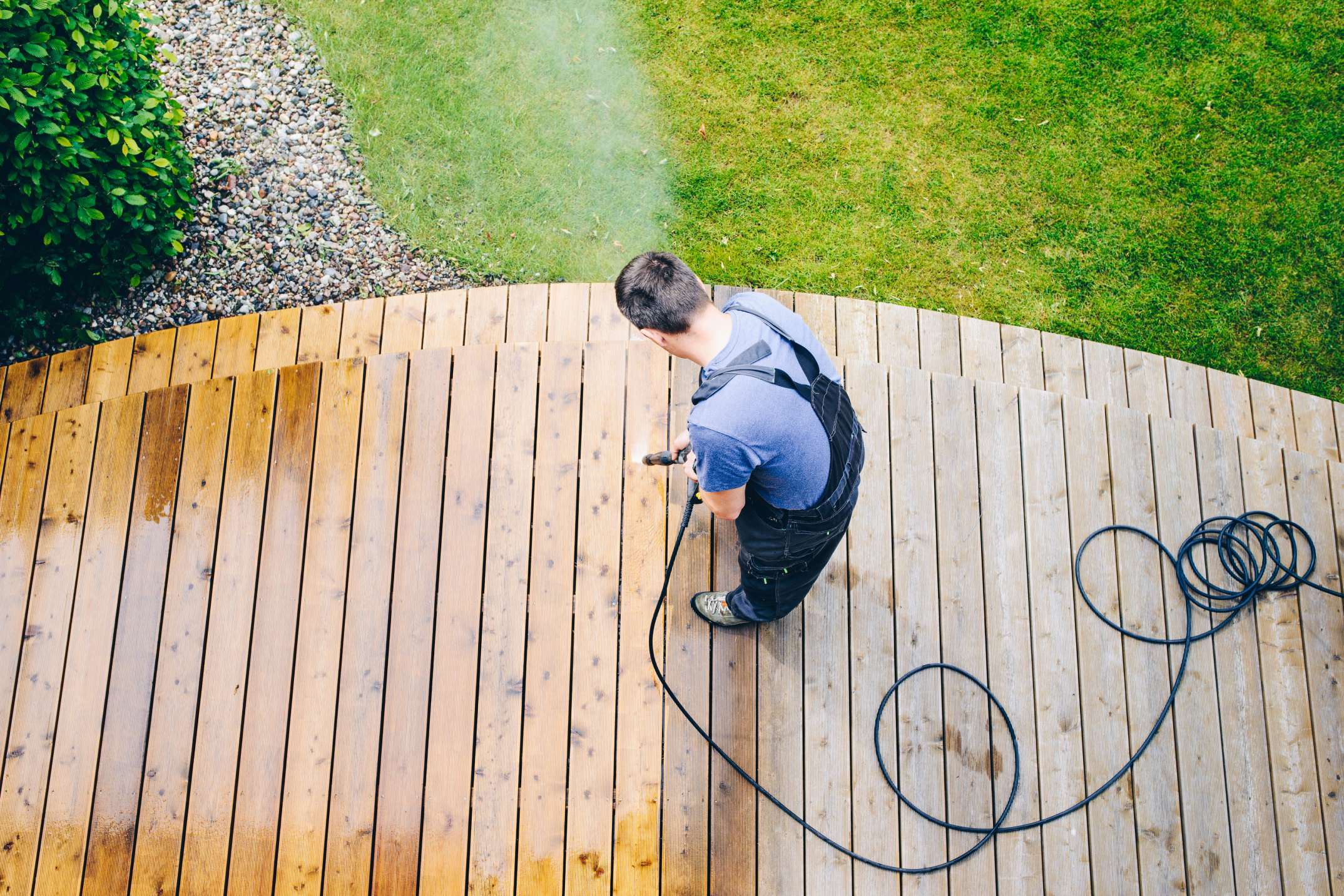 Power washing a deck